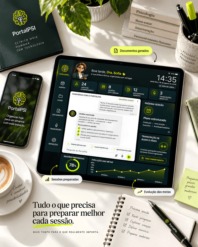 PortalPSI aberto em tablet e celular, com análise clínica e transcrição de áudio
